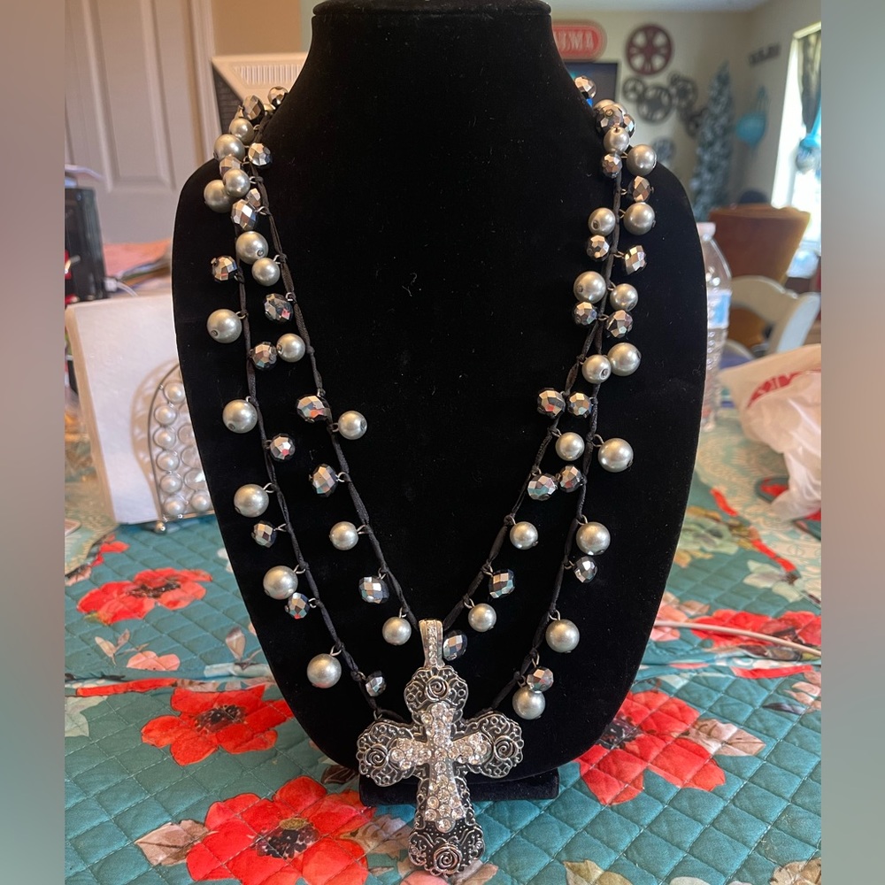 Grey pearl and Austrian crystal necklace 2 strands with a cross pendant